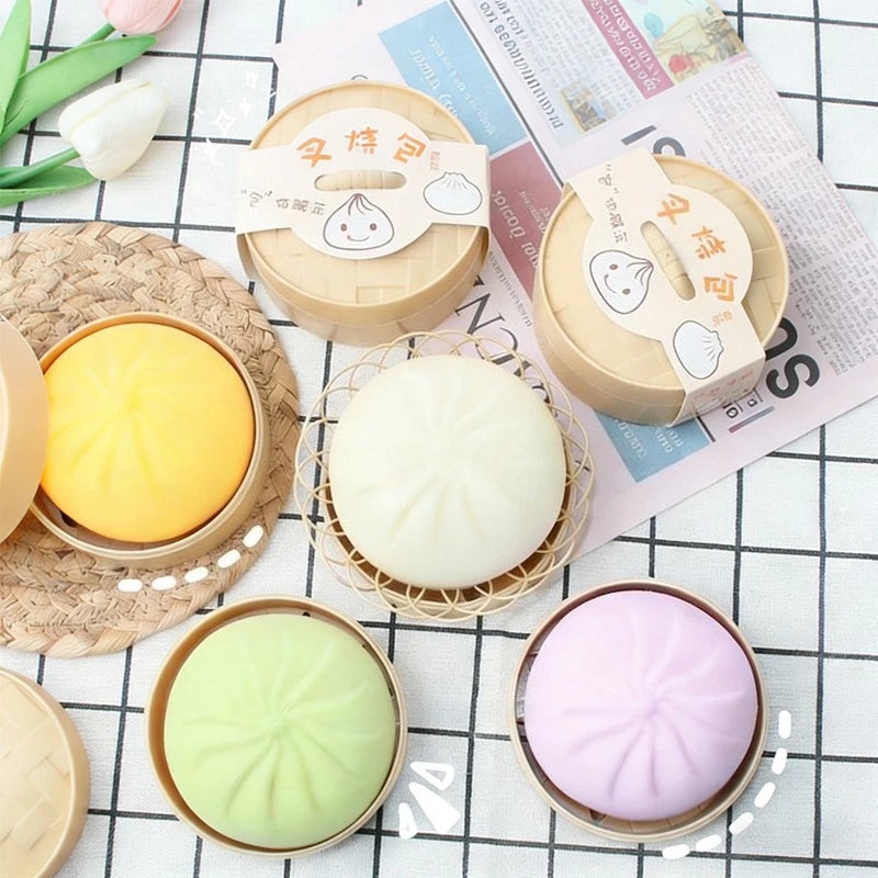 4pcs Giant Mystery Dumpling Squishy Soft Stretchy Bun with Food Steamer Design Pinchable Fingertip Fun Play and Squishy Lovers