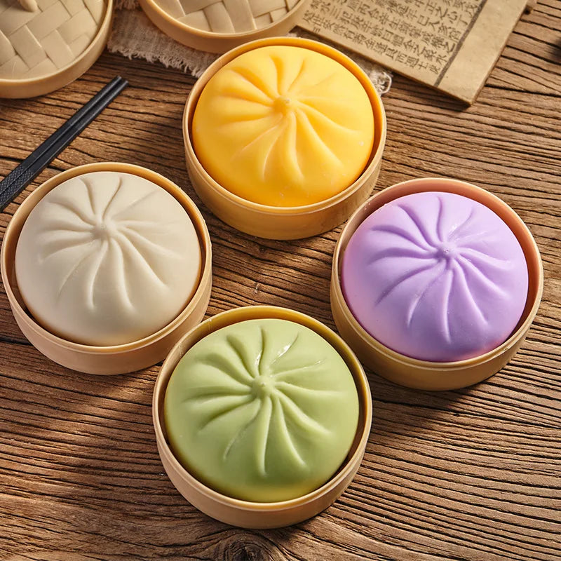 4pcs Giant Mystery Dumpling Squishy Soft Stretchy Bun with Food Steamer Design Pinchable Fingertip Fun Play and Squishy Lovers