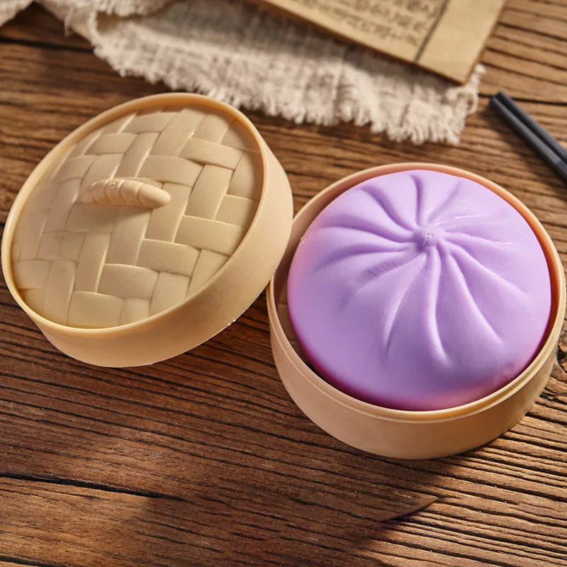 4pcs Giant Mystery Dumpling Squishy Soft Stretchy Bun with Food Steamer Design Pinchable Fingertip Fun Play and Squishy Lovers