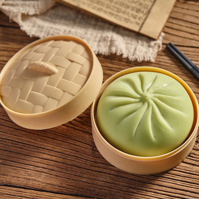 4pcs Giant Mystery Dumpling Squishy Soft Stretchy Bun with Food Steamer Design Pinchable Fingertip Fun Play and Squishy Lovers
