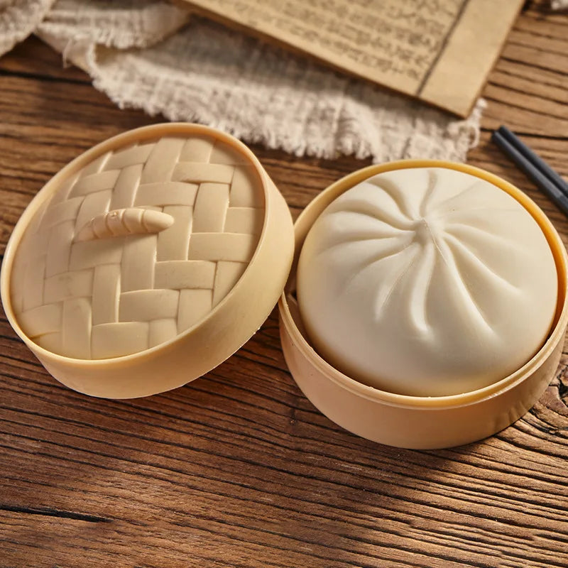 4pcs Giant Mystery Dumpling Squishy Soft Stretchy Bun with Food Steamer Design Pinchable Fingertip Fun Play and Squishy Lovers